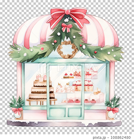 Christmas cake storefront in a winter with decorated bows and wreaths ,ai generative 108862480