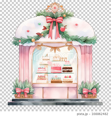 Christmas cake storefront in a winter with decorated bows and wreaths ,ai generative 108862482