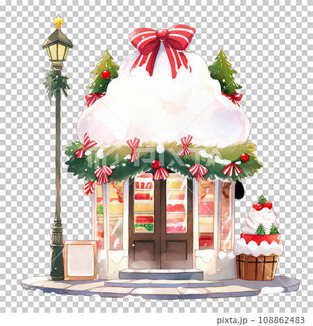 Christmas cake storefront in a winter with decorated bows and wreaths ,ai generative 108862483