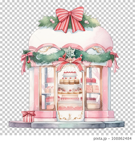 Christmas cake storefront in a winter with decorated bows and wreaths ,ai generative 108862484
