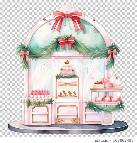 Christmas cake storefront in a winter with decorated bows and wreaths ,ai generative 108862485
