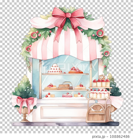 Christmas cake storefront in a winter with decorated bows and wreaths ,ai generative 108862486