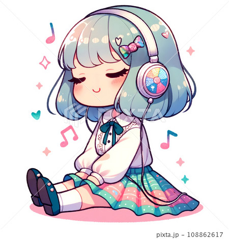 ヘッドフォンで音楽を聴く女の子、かわいいイラスト、AI生成画像 108862617