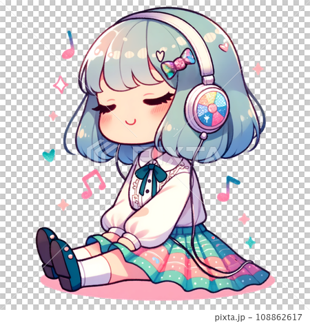 ヘッドフォンで音楽を聴く女の子、かわいいイラスト、AI生成画像 108862617
