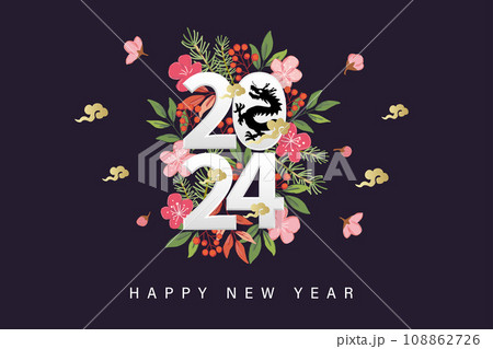 2024年 花と龍のシルエット 年賀状、バナー用イラスト 2024年 花と龍のシルエット 年賀状、バナー用イラスト 108862726