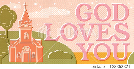 Church landscape. Chapel on hill. Gods love. Christianity faith. Sky and meadow. Building with cross. Bible worship. Summer scenery. Christ belief banner. Spring Easter card. Vector flat illustration 108862821