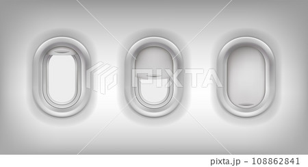 Realistic aircraft, 3d plane windows. Insight air flight object, airplane porthole in travel cabin interior, jet sky airline. Illuminator open and closed. White fuselage. Vector glass plastic design 108862841