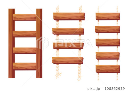 Set Wooden ladder with rope, planks hanging, staircase in cartoon style isolated on white background, Bridge, game road. 108862939