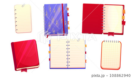 Set diary, note book in cartoon style top view, open, closed isolated on white background. Book with bookmarks and spiral, daily planner. 108862940
