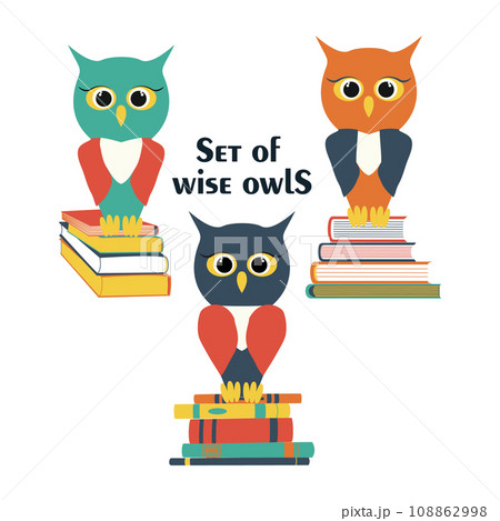 Set of wise owl on a stack of books. Vector owl characters. Back to school flat illustration. 108862998