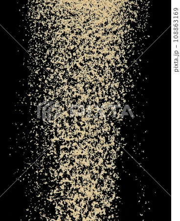 Brown Sugar flying explosion, brown grain sugar explode abstract cloud fly. Beautiful complete seed sugarcane splash in air, food object design. Selective focus freeze shot Black background isolated Brown Sugar flying explosion, brown grain sugar explode abstract cloud fly. Beautiful complete seed sugarcane splash in air, food object design. Selective focus freeze shot Black background isolated 108863169