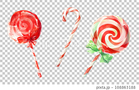 Watercolor Christmas sticks candy on transparent background 108863188