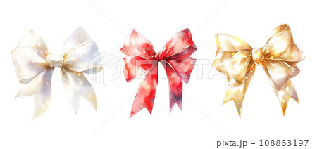 Set of white, red and gold bows watercolor isolated on transparent background 108863197