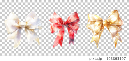 Set of white, red and gold bows watercolor isolated on transparent background 108863197