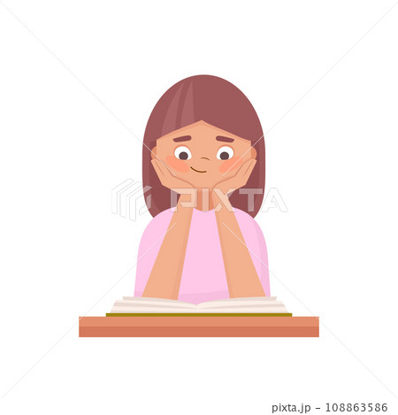 Cute girl sitting at the school desk and reading book in class. Happy child character do homework Cute girl sitting at the school desk and reading book in class. Happy child character do homework 108863586
