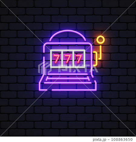 Banner with blue 777 casino neon on black background. Vector illustration 108863650