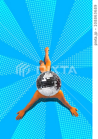 Female legs and hands stacking out disco ball against blue background. Vacation and party. Contemporary art collage. Female legs and hands stacking out disco ball against blue background. Vacation and party. Contemporary art collage. 108863689