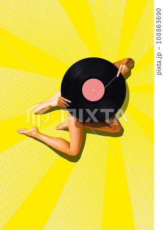 Elegant young woman with slim tanned body with vinyl on head against vivid yellow background. Contemporary art collage. Summer surrealism Elegant young woman with slim tanned body with vinyl on head against vivid yellow background. Contemporary art collage. Summer surrealism 108863690