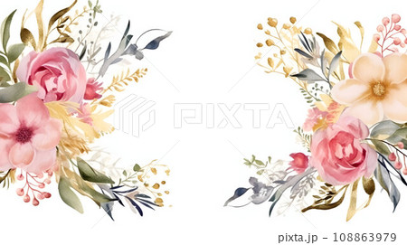 Elegant watercolor botanical border with gold geometric lines, perfect for wedding printable decor 108863979