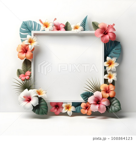 Tropical-themed elegant white frame adorned with realistic hibiscus and plumeria blooms, complemented by lush leaves, white background Tropical-themed elegant white frame adorned with realistic hibiscus and plumeria blooms, complemented by lush leaves, white background 108864123