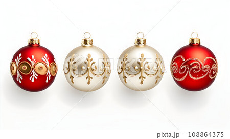 Set of elegant red and cream Christmas baubles with golden accents, white background Set of elegant red and cream Christmas baubles with golden accents, white background 108864375