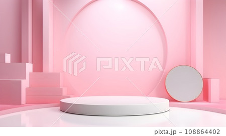 Minimalist pink interior with cylindrical platforms and vertical panels, for product demonstration 108864402