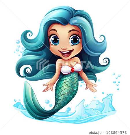 Cute cartoon little mermaid princess, cheerful little girl, white background Cute cartoon little mermaid princess, cheerful little girl, white background 108864578