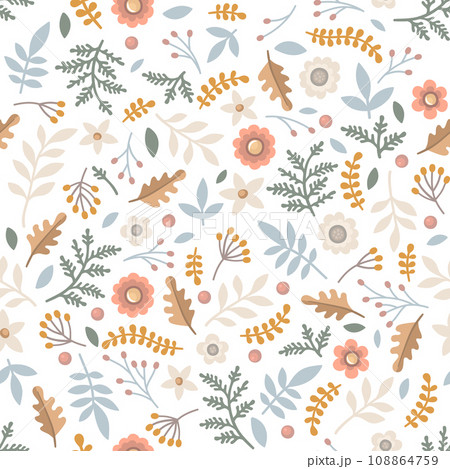 Floral Pattern with Flowers and Leaves on White Background. Vector Floral Pattern with Flowers and Leaves on White Background. Vector 108864759