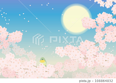 満開の桜とメジロとおぼろ月のイラスト 満開の桜とメジロとおぼろ月のイラスト 108864832