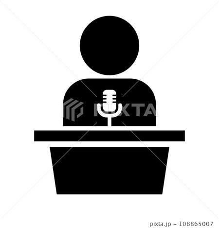 演説をしている人のシルエットアイコン。マイクの置かれた演台と演説する人。ベクター。 演説をしている人のシルエットアイコン。マイクの置かれた演台と演説する人。ベクター。 108865007