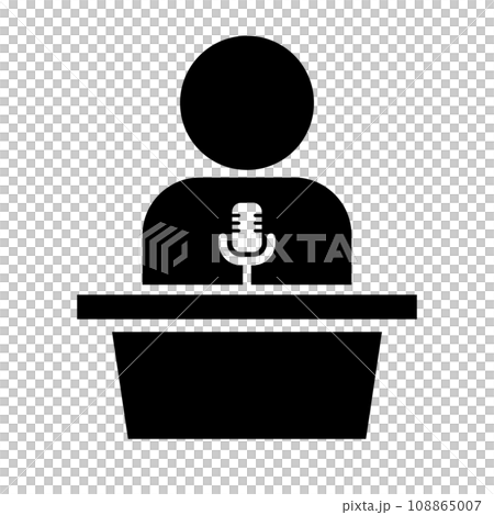 演説をしている人のシルエットアイコン。マイクの置かれた演台と演説する人。ベクター。 演説をしている人のシルエットアイコン。マイクの置かれた演台と演説する人。ベクター。 108865007