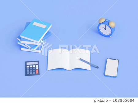 3DCG｜勉強のために机の上に置かれた本とノートと計算機とスマホと目覚まし時計 108865084