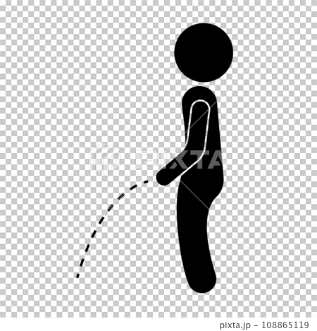 立っておしっこをしている男性のシルエットアイコン。立ちション。ベクター。 立っておしっこをしている男性のシルエットアイコン。立ちション。ベクター。 108865119