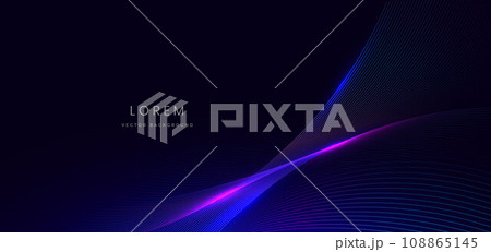 Abstract technology futuristic glowing neon blue and pink wave light lines with speed motion moving on dark blue background. Abstract technology futuristic glowing neon blue and pink wave light lines with speed motion moving on dark blue background. 108865145