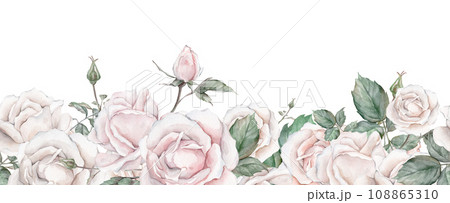 Watercolor seamless frame illustration white creame rose and green leaves isolated on white background. Element hand painted natural plant twigs with ligth pink rose for design Watercolor seamless frame illustration white creame rose and green leaves isolated on white background. Element hand painted natural plant twigs with ligth pink rose for design 108865310