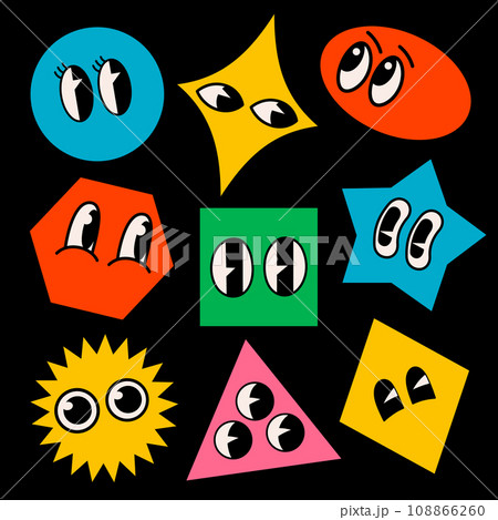 Retro cartoon brutalist shape funny faces. Groovy vintage 30s 60s 70s minimalistic faces with various emotions on abstract shapes Retro cartoon brutalist shape funny faces. Groovy vintage 30s 60s 70s minimalistic faces with various emotions on abstract shapes 108866260