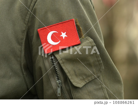 Turkish flag on Turkey army uniform. Turkey troops. Turkish flag on Turkey army uniform. Turkey troops. 108866261