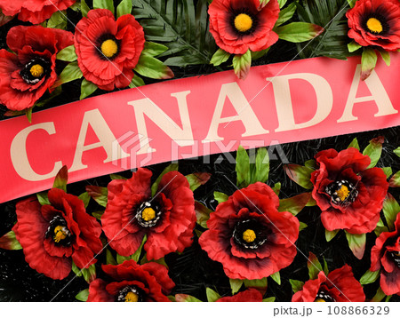 Inscription Canada on the wreath of poppies. Remembrance Day. Poppy day. 108866329