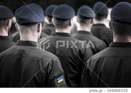 Ukrainian soldiers. Ukrainian army. Ukrainian flag on military uniform. Troops of Ukraine. Soldier from the back 108866520