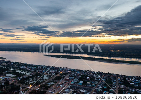 Riverscape City view of the Mekong River in Nakhon Phanom Province at sunrise. Riverscape City view of the Mekong River in Nakhon Phanom Province at sunrise. 108866920