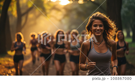 Happy young women jogging together in the park. Healthy girls friends running. Healthy lifestyle concept. Generative Ai. 108867080