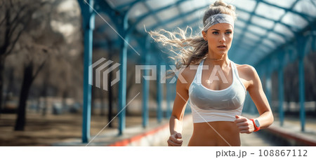 Idea for web banner concept for sport and running advertising, portrait with young female runner exercising outdoors 108867112