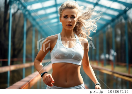 Portrait of a young runner - woman doing fitness outdoors, preparing for a race 108867113
