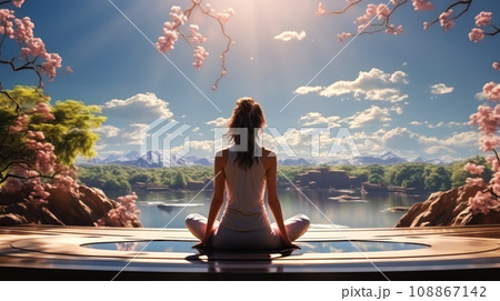 Yoga for health and awareness, young girl meditates on a journey to health and awareness, idea for a postcard or advertisement 108867142