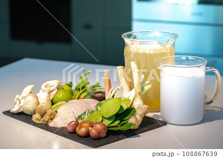 Close up to ingredients set of thai food, Coconut milk with chicken soup.The ingredients are chicken vegetable and many types of herbs toghether combine as a great dish. 108867639