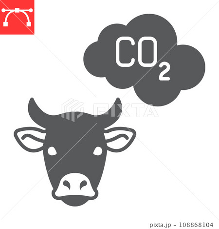 Methane emission from cow glyph icon, climate change and ecology, cow ch4 vector icon, vector graphics, editable stroke solid sign, eps 10. 108868104