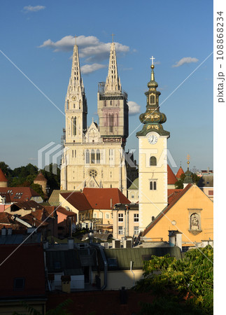 Zagreb cityscape with Zagreb Cathedral and St. Mary Church, Croatia. 108868234
