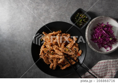 Vegetarian food. Healthy salads. Red cabbage, soy meat. 108868716