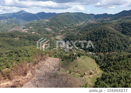 High angle view of a northern rural village in the valley Ban Thung Ton Ngio,  Mae Tuen, Omkoi district, Chiang Mai, Thailand. 108868837