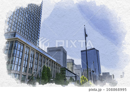水彩画風 東京丸の内 日比谷濠沿いのビル群 東京都千代田区 水彩画風 東京丸の内 日比谷濠沿いのビル群 東京都千代田区 108868995